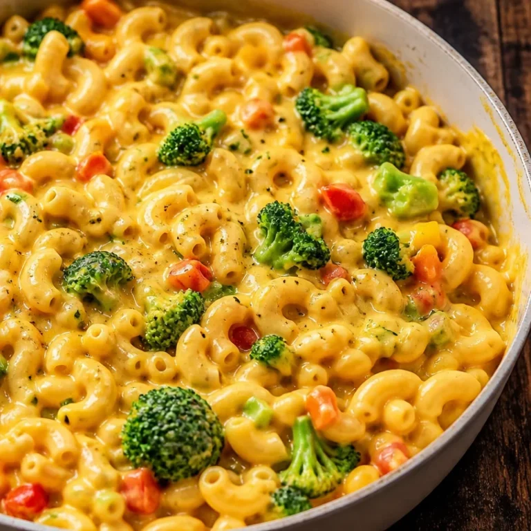 Bowl of easy one-pot veggie mac and cheese with colorful vegetables