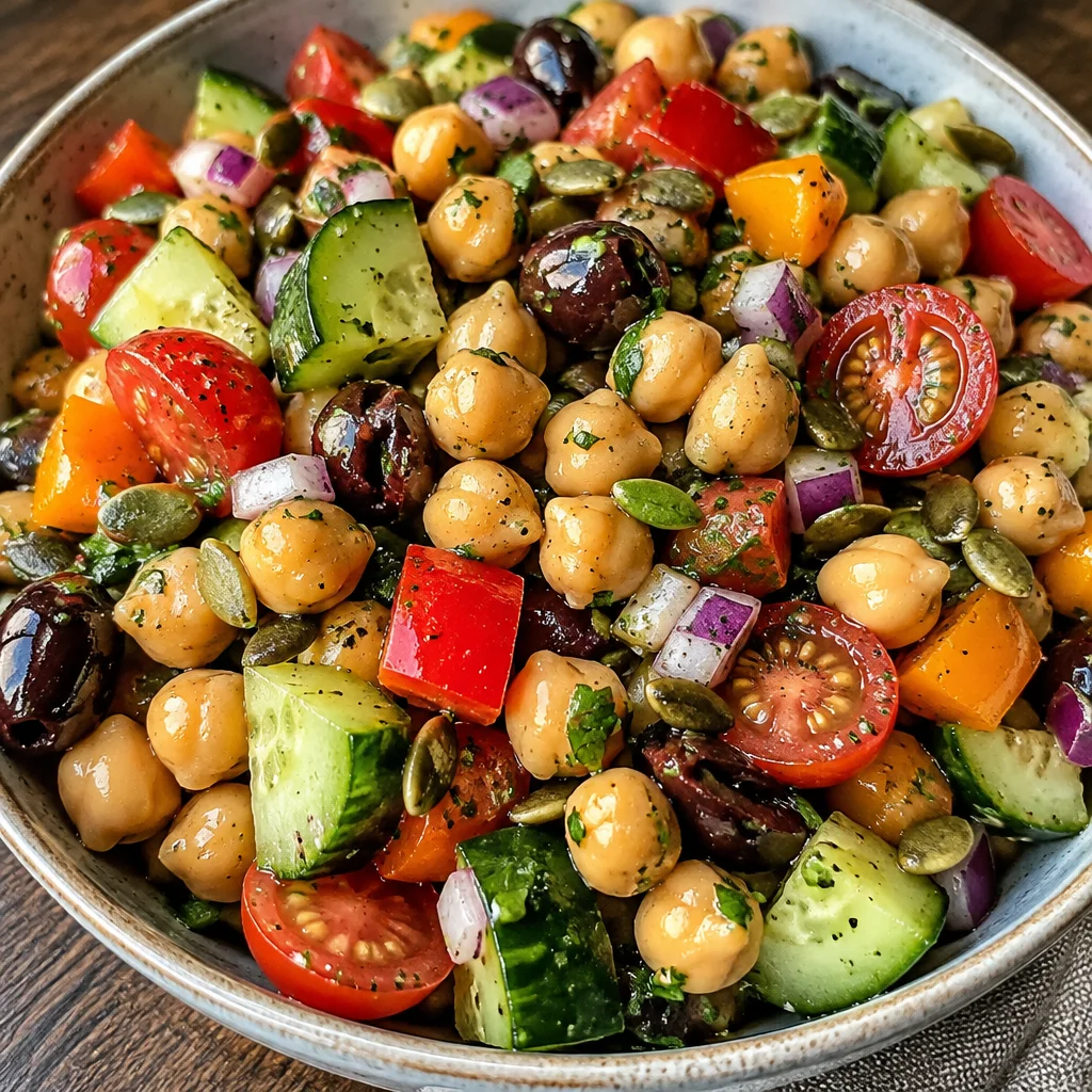Bowl of easy vegan chickpea salad topped with fresh vegetables and lemon dressing