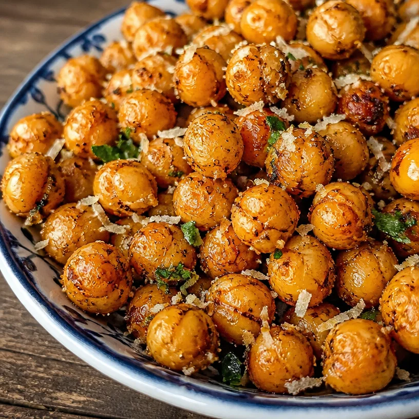 Bowl of Garlic Parmesan Roasted Chickpeas seasoned and ready to eat.