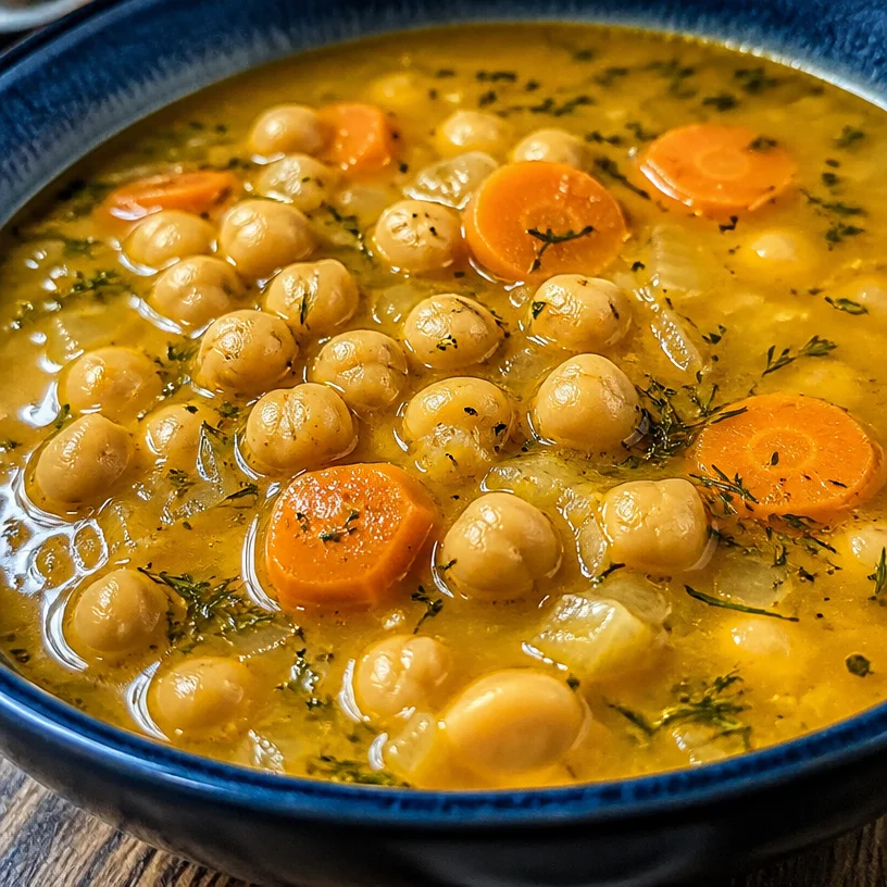 Bowl of Greek chickpea soup garnished with herbs and lemon