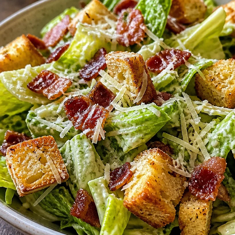 Delicious Greek Yogurt Caesar Salad topped with crispy croutons and fresh romaine lettuce