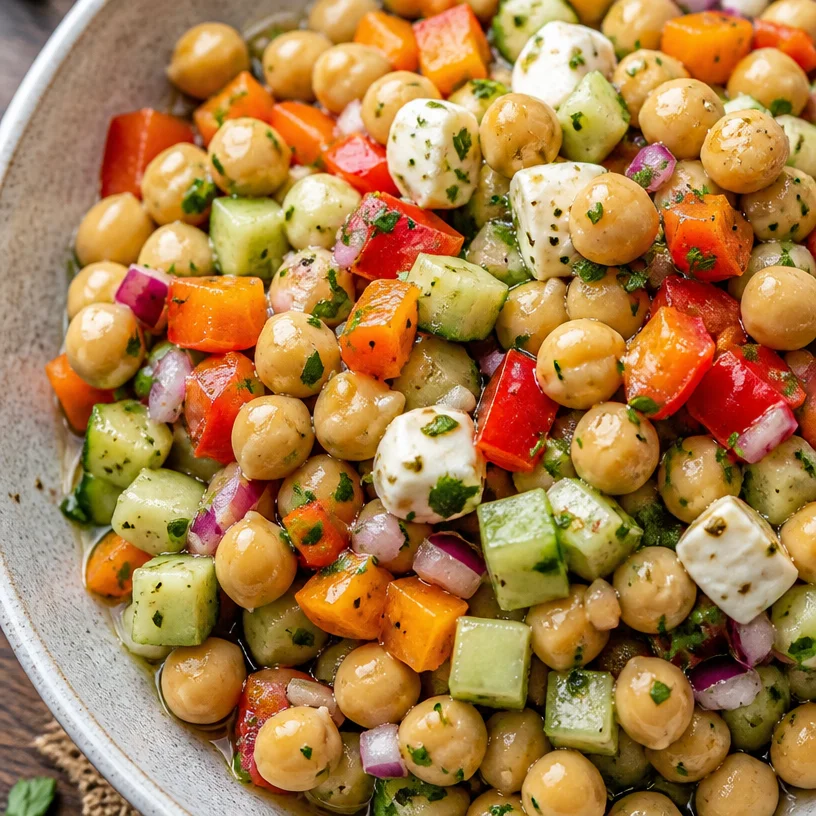 Healthy chickpea salad with fresh vegetables and dressing