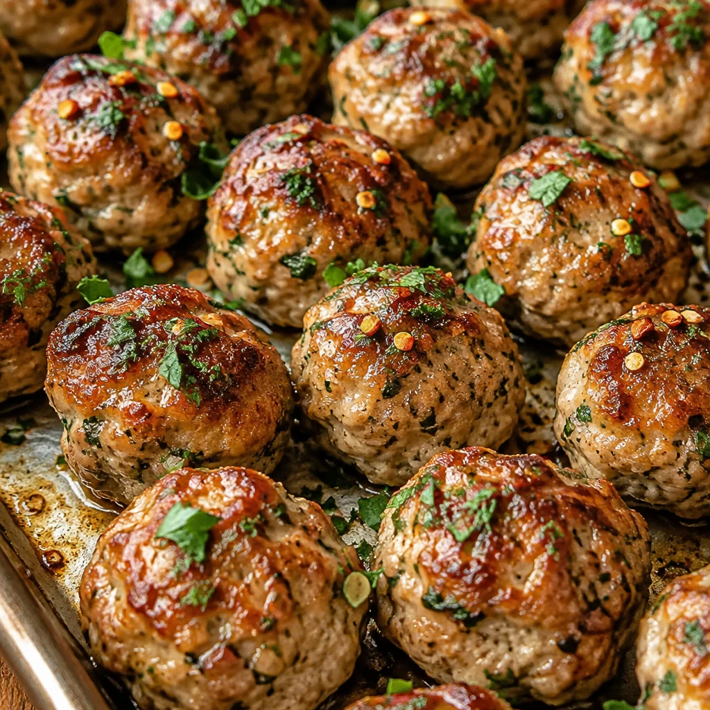 Plate of high-protein baked turkey meatballs garnished with herbs
