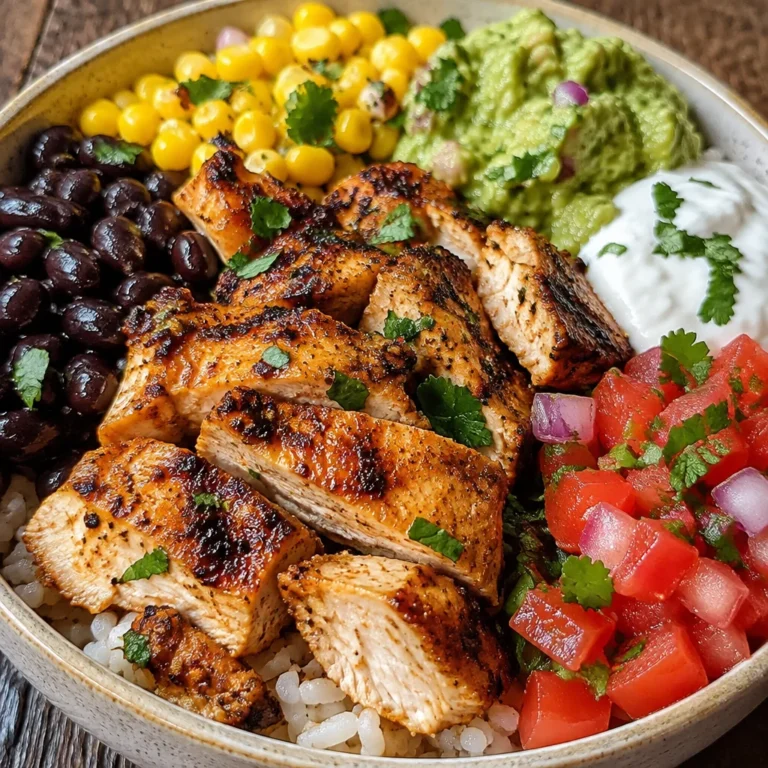 High-protein chicken burrito bowl with fresh ingredients and vibrant colors.