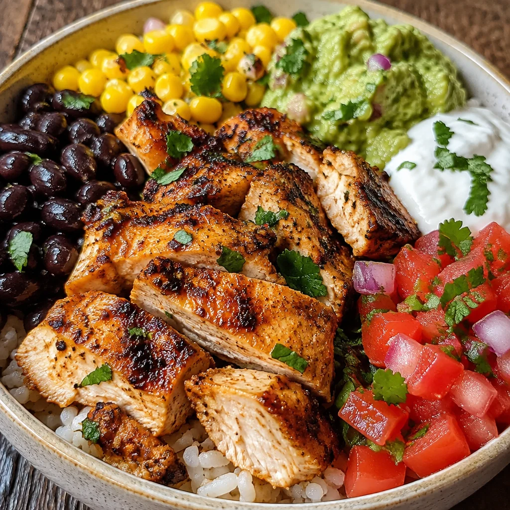 High-protein chicken burrito bowl with fresh ingredients and vibrant colors.