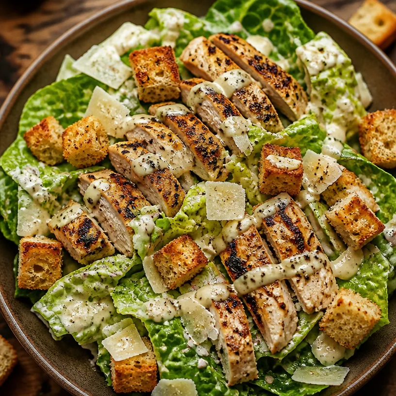 High Protein Chicken Caesar Salad with grilled chicken, romaine lettuce, and dressing