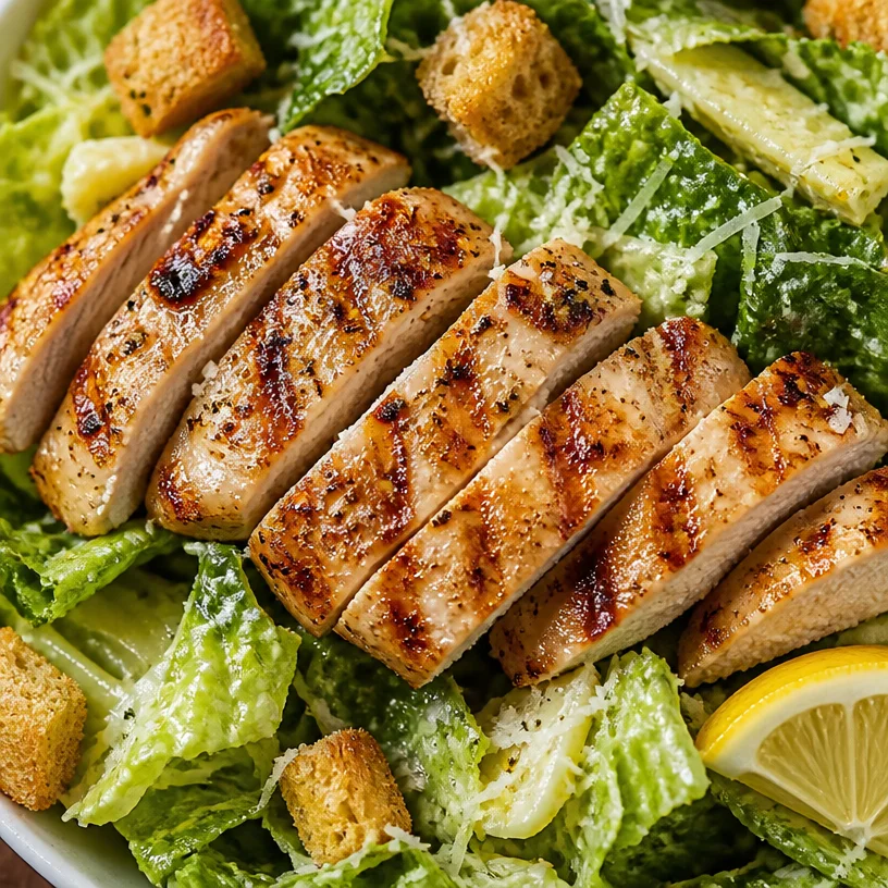 Homemade Chicken Caesar Salad with grilled chicken, romaine lettuce, and Caesar dressing