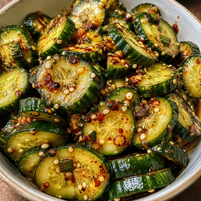 Korean cucumber salad in a bowl garnished with sesame seeds and chilies.