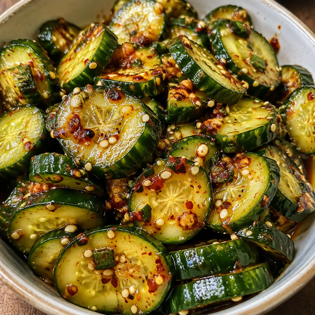 Korean cucumber salad in a bowl garnished with sesame seeds and chilies.