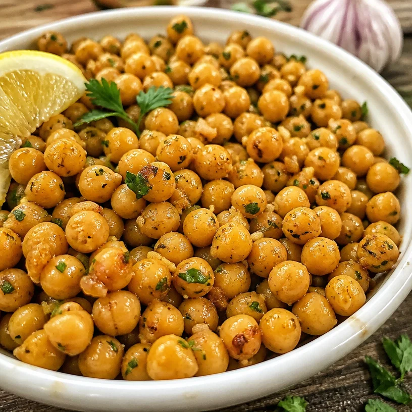 Plate of Lebanese Lemon Garlic Chickpeas (Msabaha) garnished with parsley