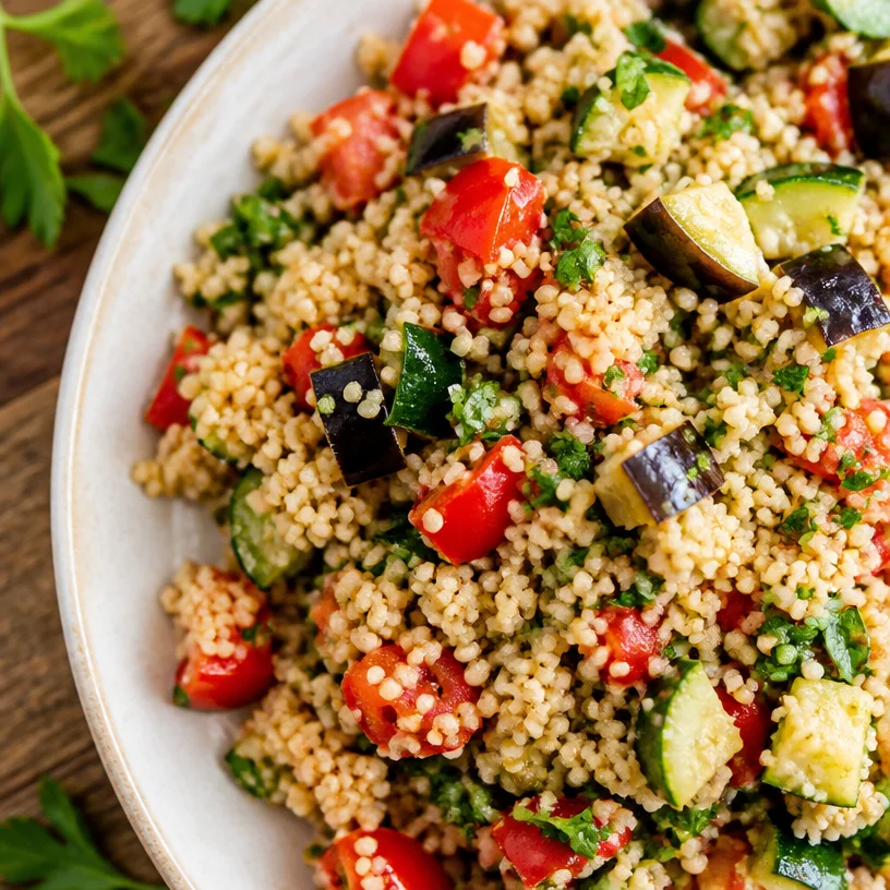 Mediterranean Couscous Salad with vegetables and herbs in a bowl