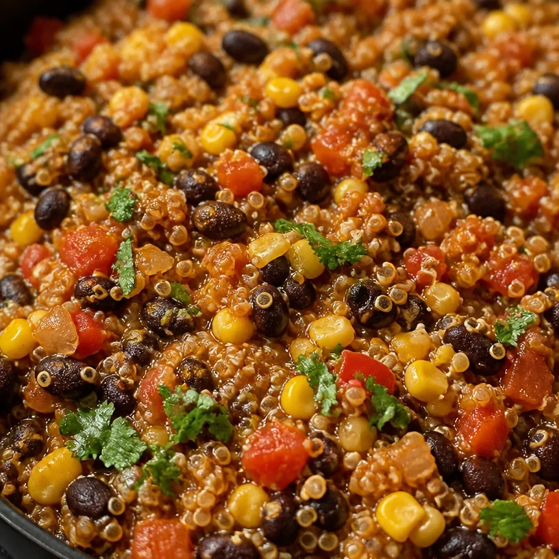 One Pot Mexican Quinoa dish with colorful veggies and spices