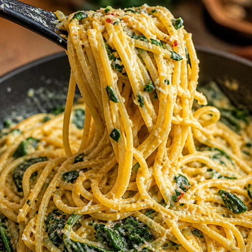 One pot spinach pasta dish with fresh ingredients and vibrant colors