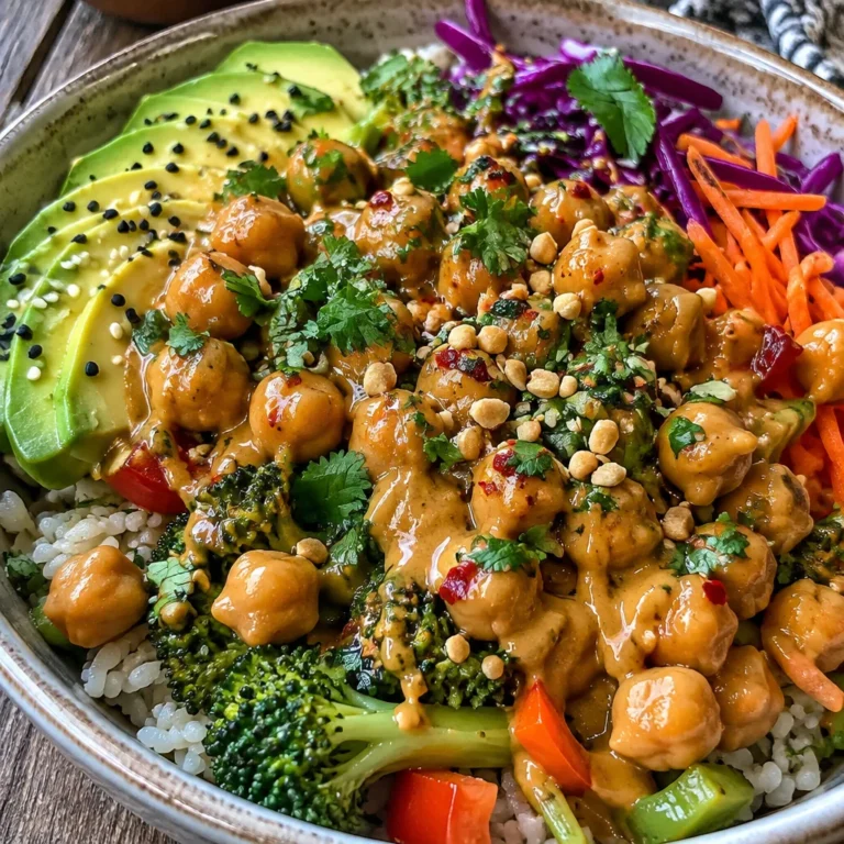 Colorful Peanut Chickpea & Veggie Bowls garnished with fresh herbs