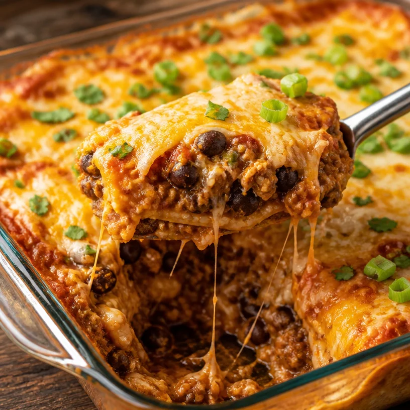 Delicious Protein Burrito Casserole served in a baking dish with toppings.