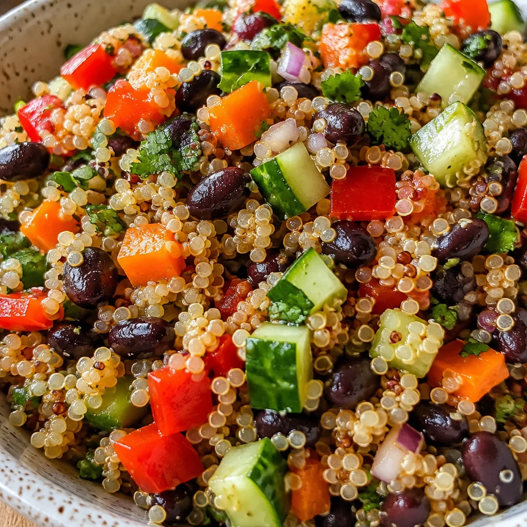 Delicious Quinoa & Black Bean Salad with fresh ingredients piled high in a bowl.