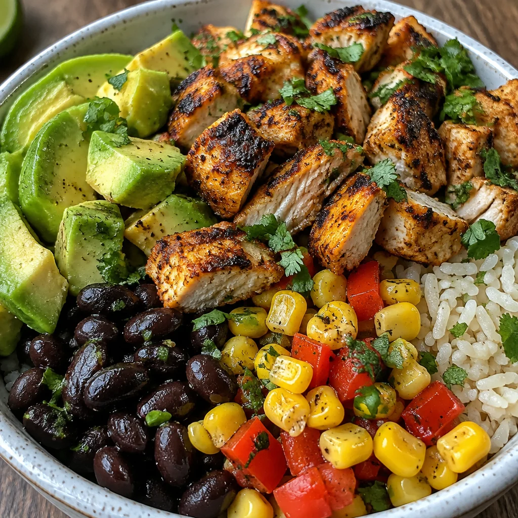 A colorful Southwest Chicken Bowl filled with grilled chicken, vegetables, and spices