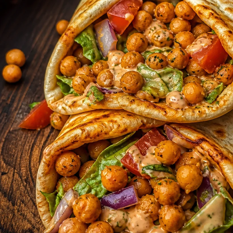 Spicy Buffalo Chickpea Wraps filled with vibrant veggies and spicy sauce