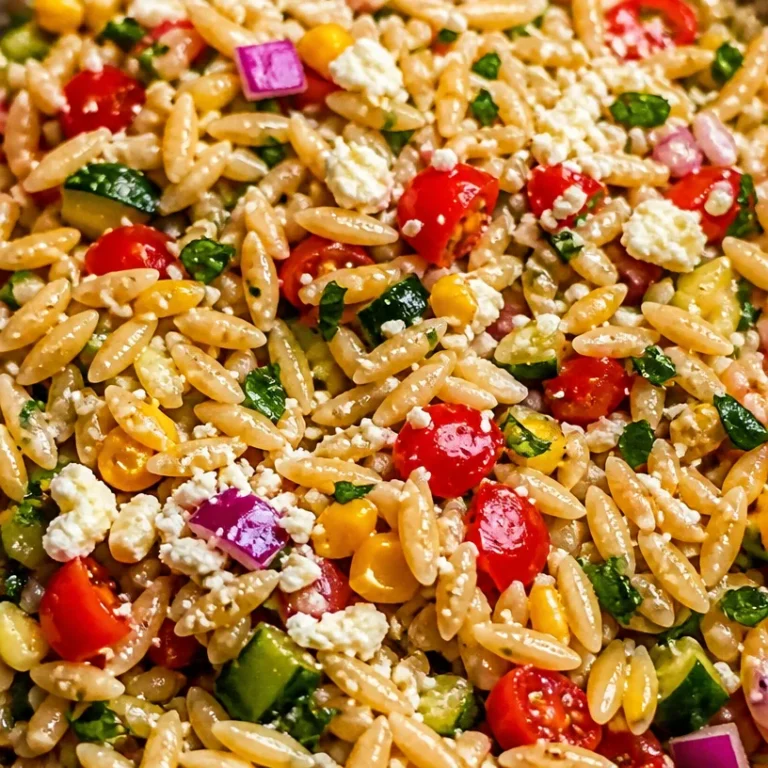 Colorful Summer Orzo Pasta Salad with fresh vegetables and herbs