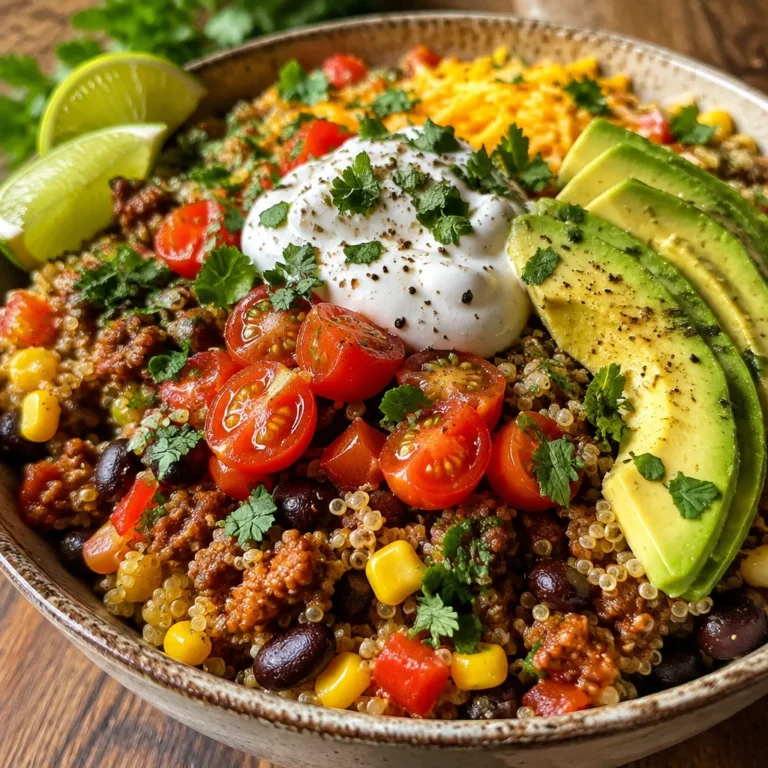 Tex Mex quinoa taco bowl topped with fresh ingredients and served in a bowl