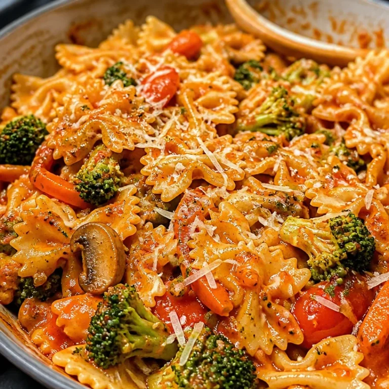 Colorful veggie pasta with fresh vegetables and herbs