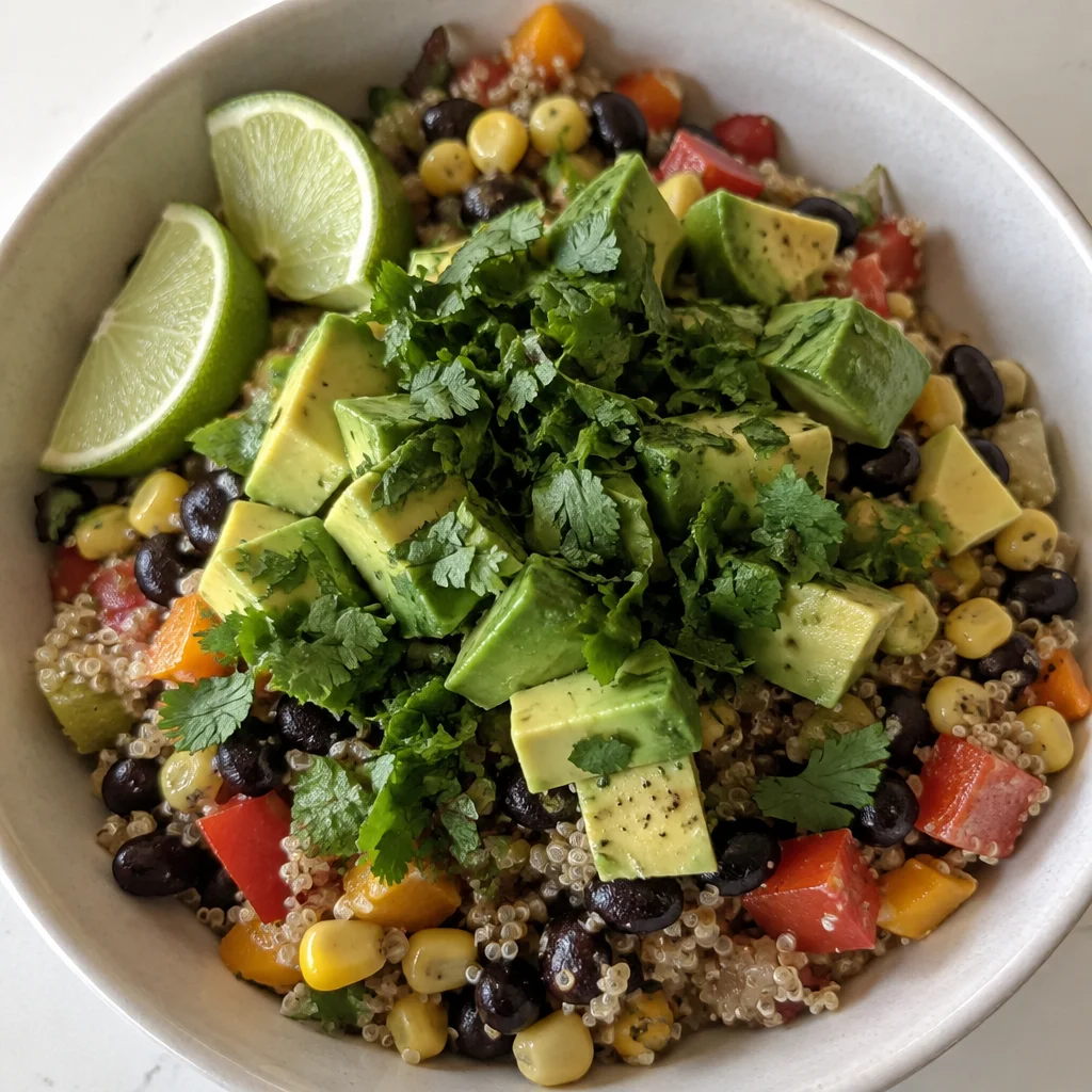Black Bean and Corn Quinoa Salad with Charred Corn and Avocado in a bowl