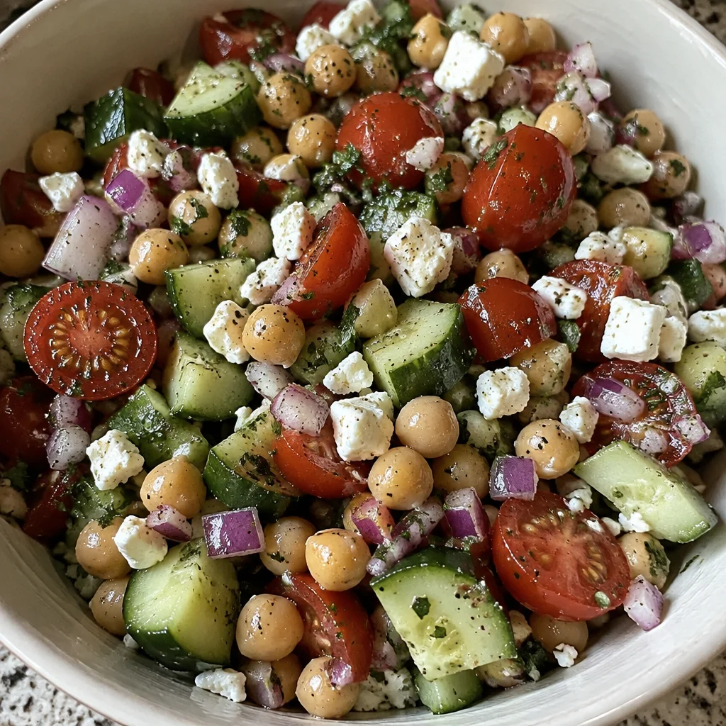 Chickpea cucumber salad with fresh vegetables in a bowl
