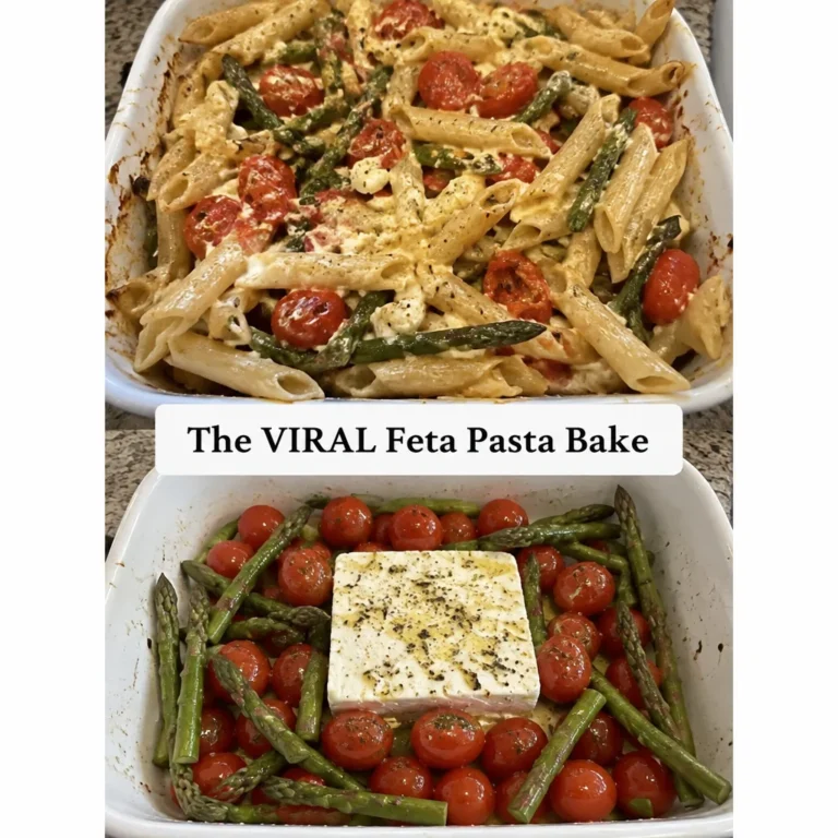 Delicious creamy feta pasta bake ready to serve with fresh herbs.
