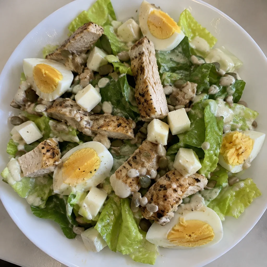 Healthy chicken caesar salad with Greek yogurt dressing served in a bowl