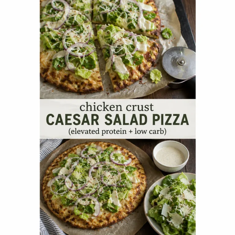 High-protein chicken crust Caesar salad pizza topped with fresh greens and dressing.