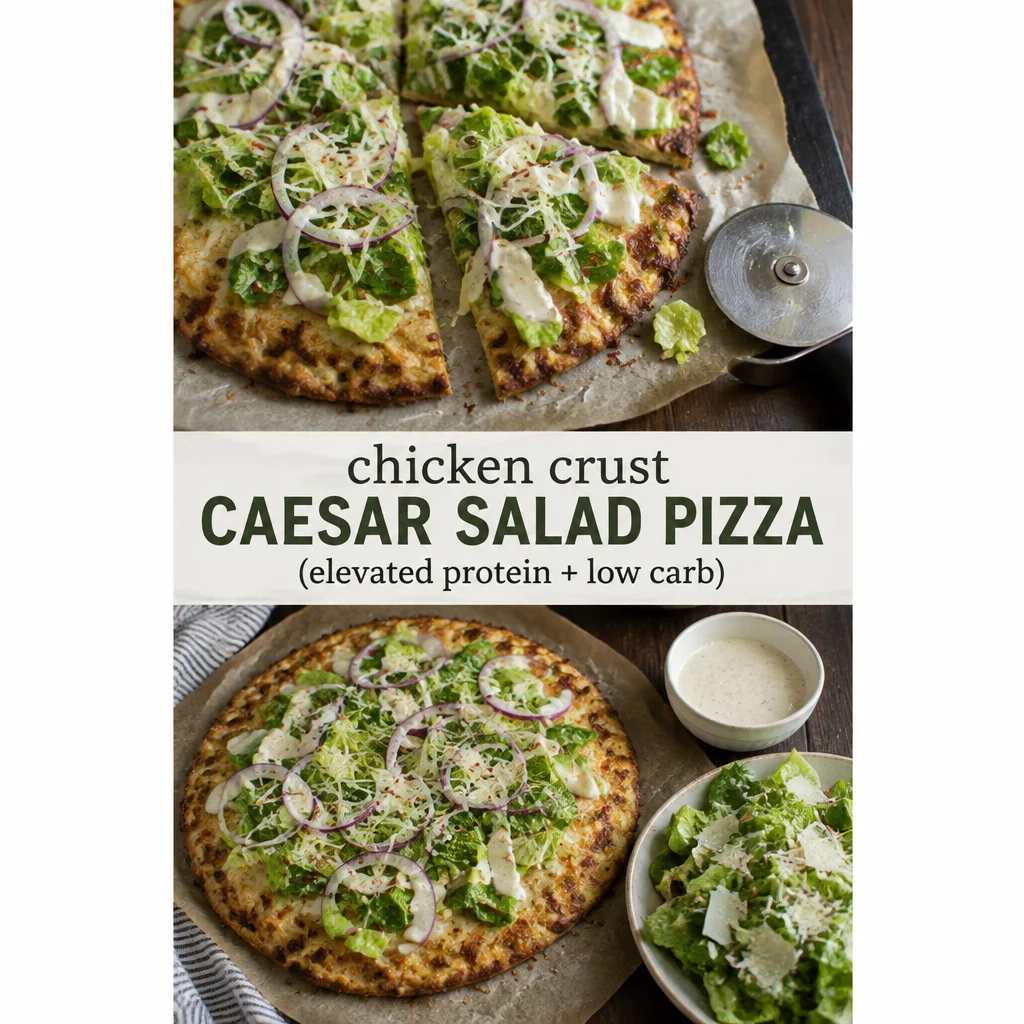 High-protein chicken crust Caesar salad pizza topped with fresh greens and dressing.