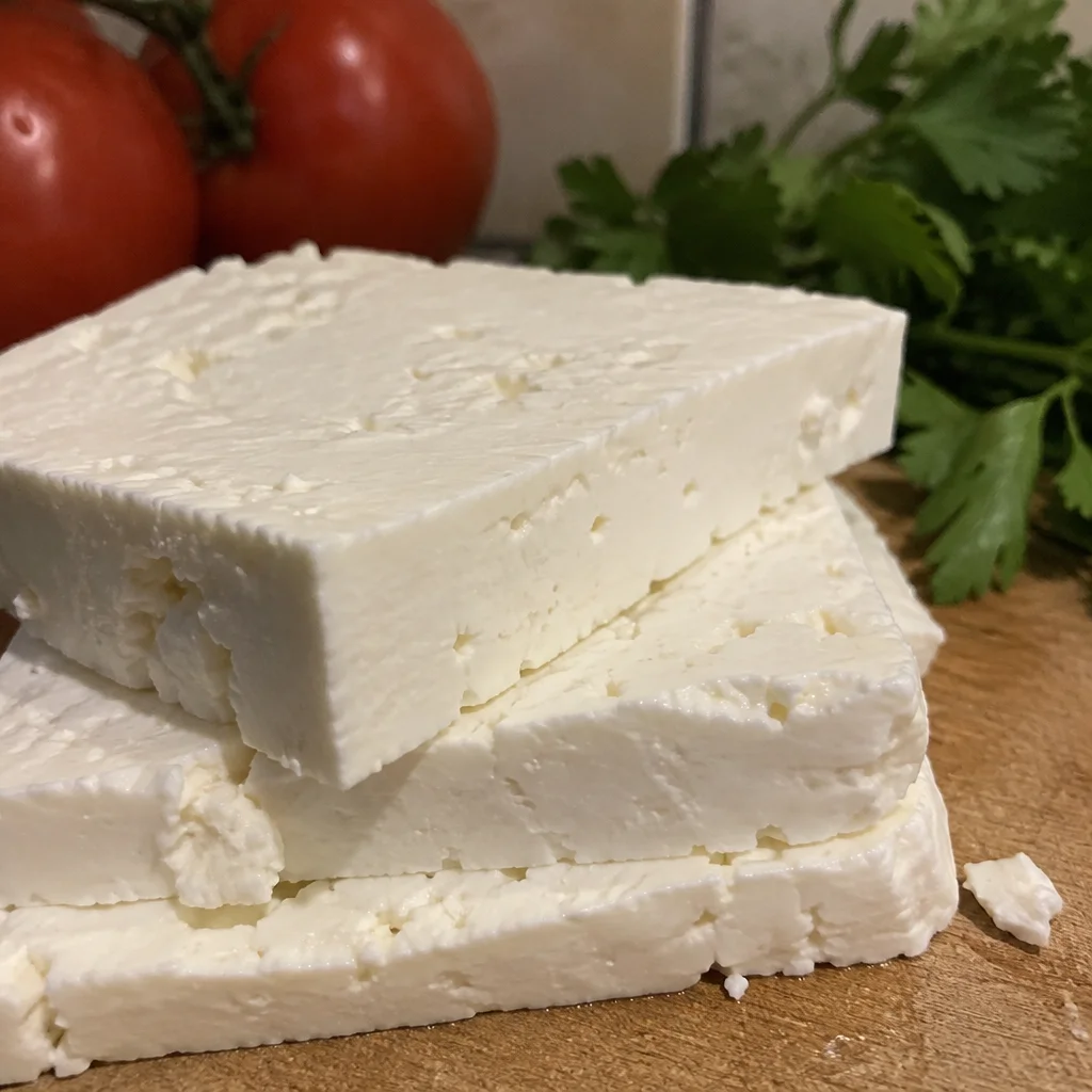 A plate of homemade feta cheese garnished with herbs and olives