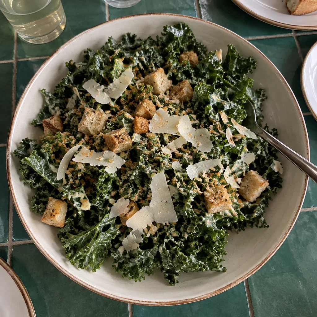 Kale salad topped with crunchy tahini chickpeas for a healthy meal.