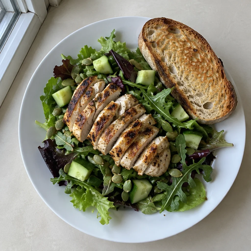 Lemon Herb Grilled Chicken Salad served with crispy Sourdough Toast