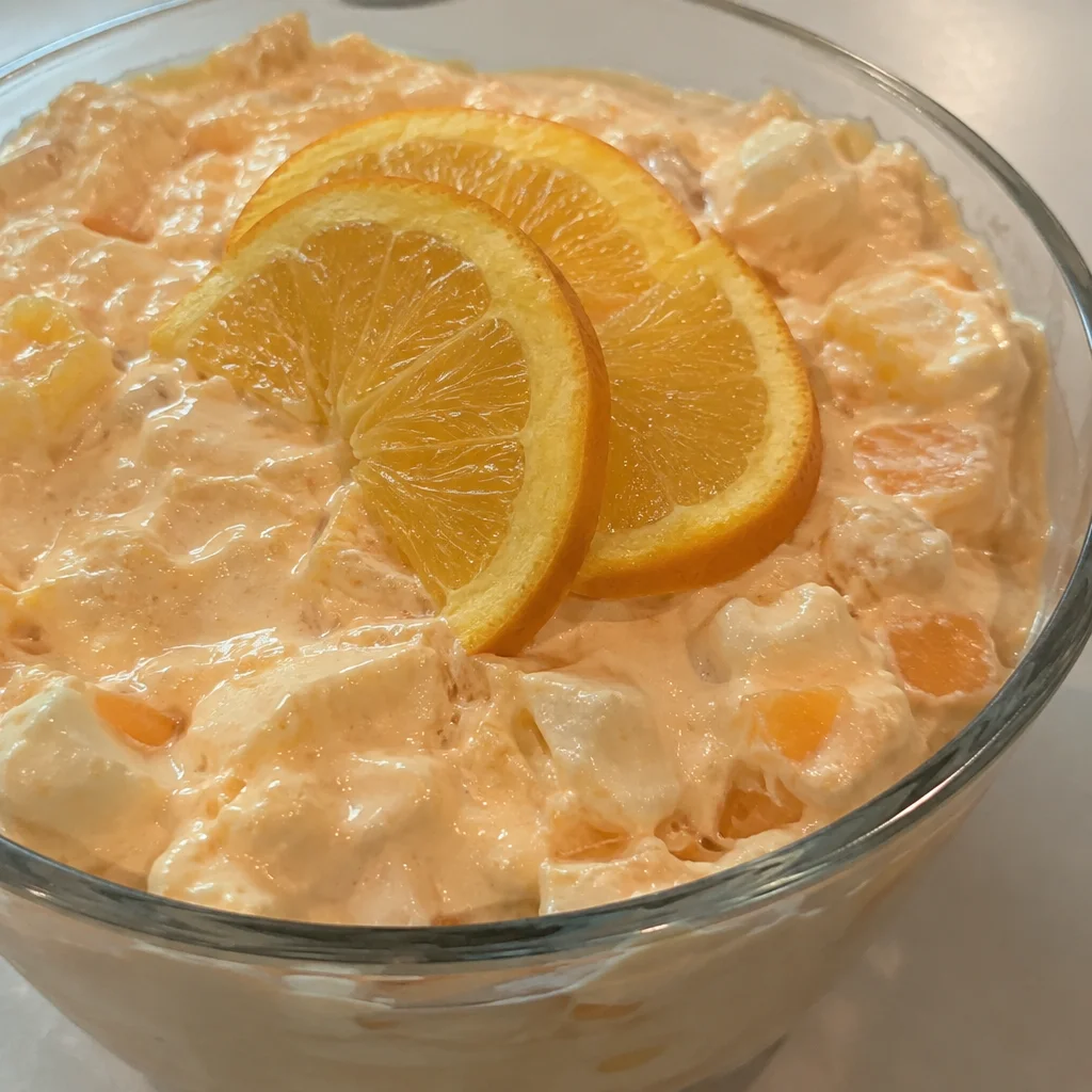 Colorful Mandarin Orange Jello Salad served in a bowl with fresh oranges
