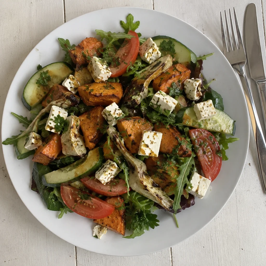 Delicious roasted vegetable salad with feta cheese on a wooden table